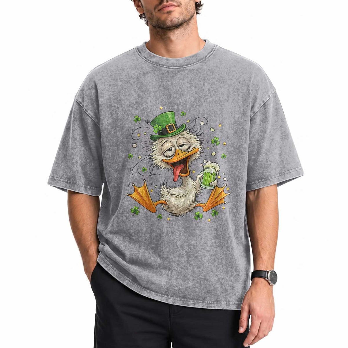 Funny Drunk Irish Duck Washed Cotton T-Shirt St Patricks Day Gift
