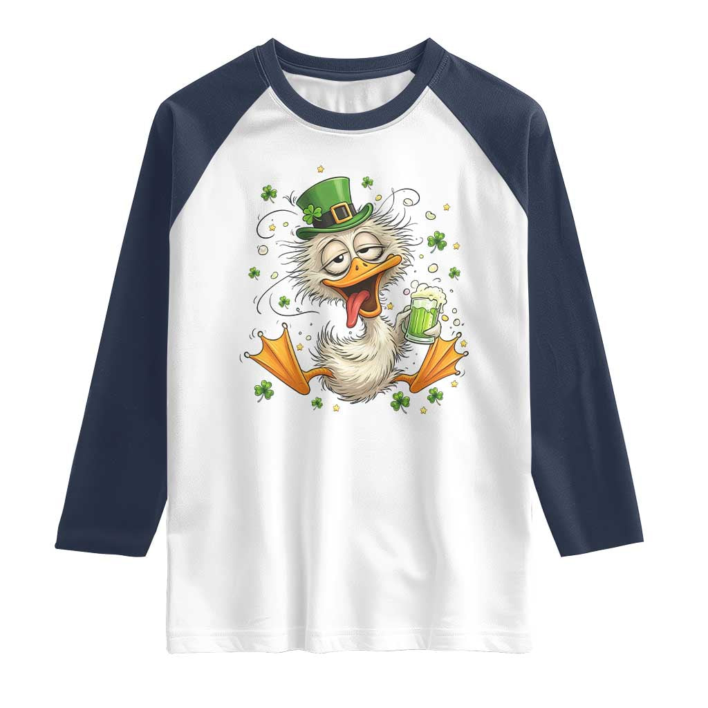 Funny Drunk Irish Duck Raglan Shirt St Patricks Day Gift TS12 White Navy Print Your Wear