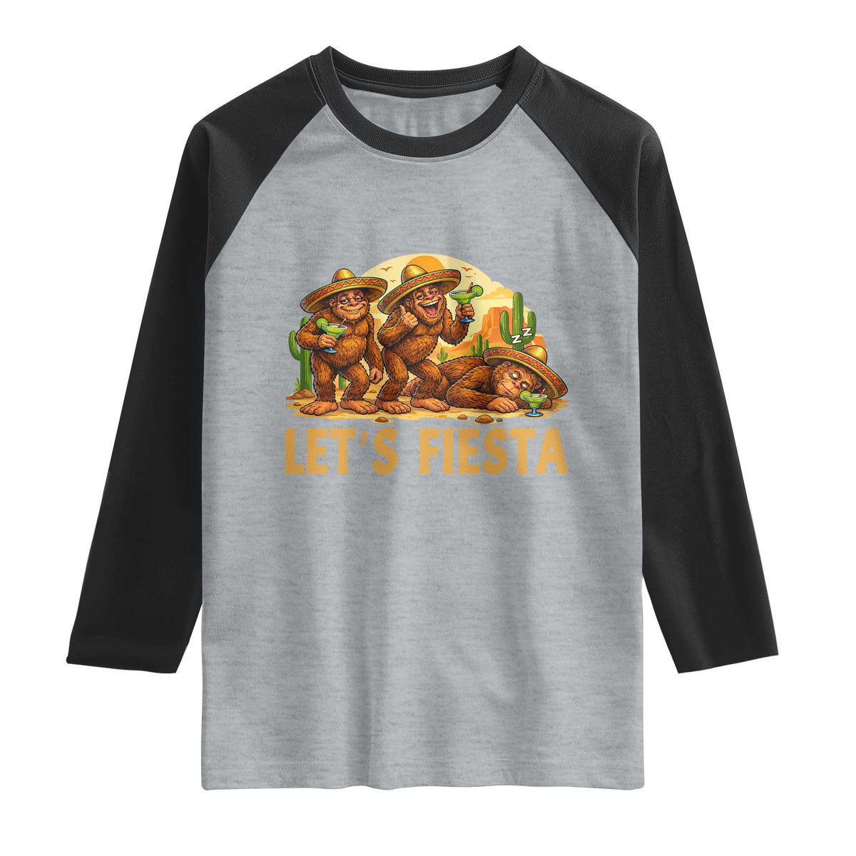 Funny Drunk Bigfoot Cinco De Mayo Raglan Shirt Lets Fiesta Party Gift TS12 Heather Gray Black Print Your Wear