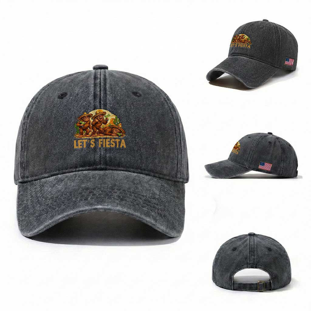Funny Drunk Bigfoot Cinco De Mayo Washed Cotton Baseball Cap Lets Fiesta Party Gift TS12 Washed Cap Universal Fit Dark Gray Print Your Wear
