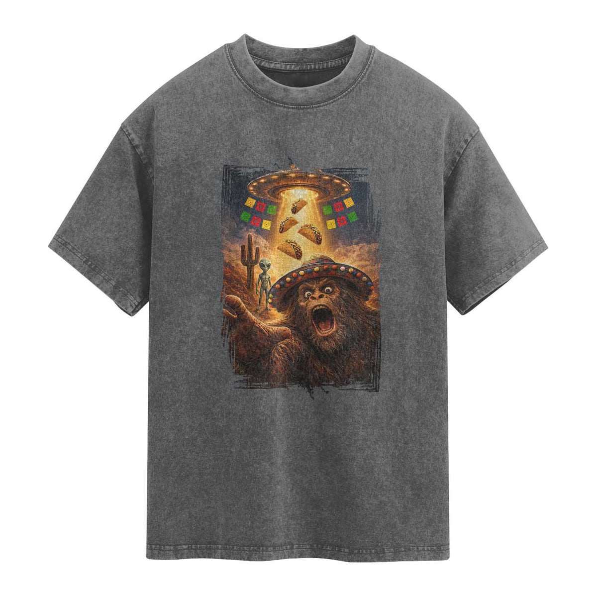 Funny Bigfoot Alien Selfie Washed Cotton T-Shirt Cinco De Mayo Party Gift