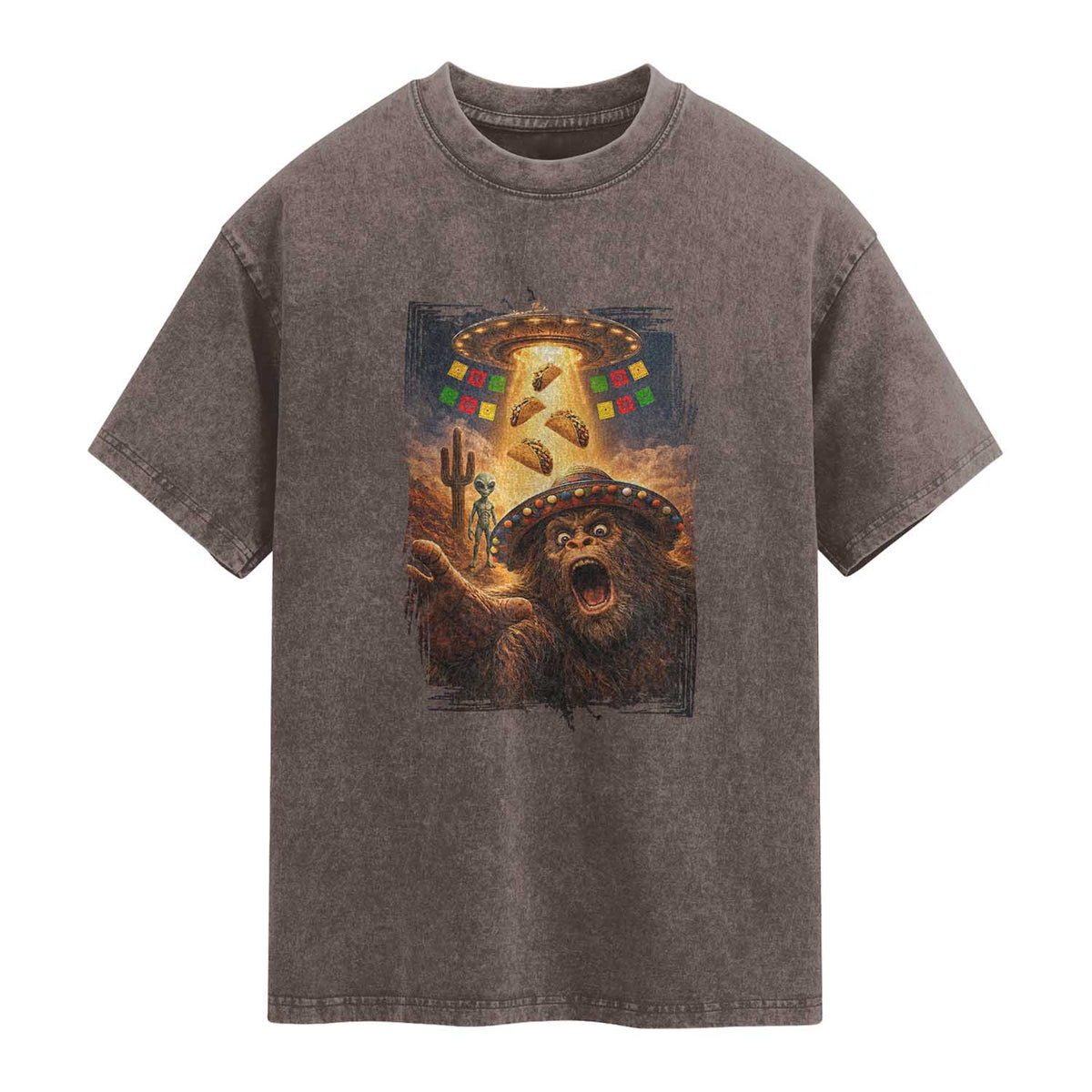 Funny Bigfoot Alien Selfie Washed Cotton T-Shirt Cinco De Mayo Party Gift