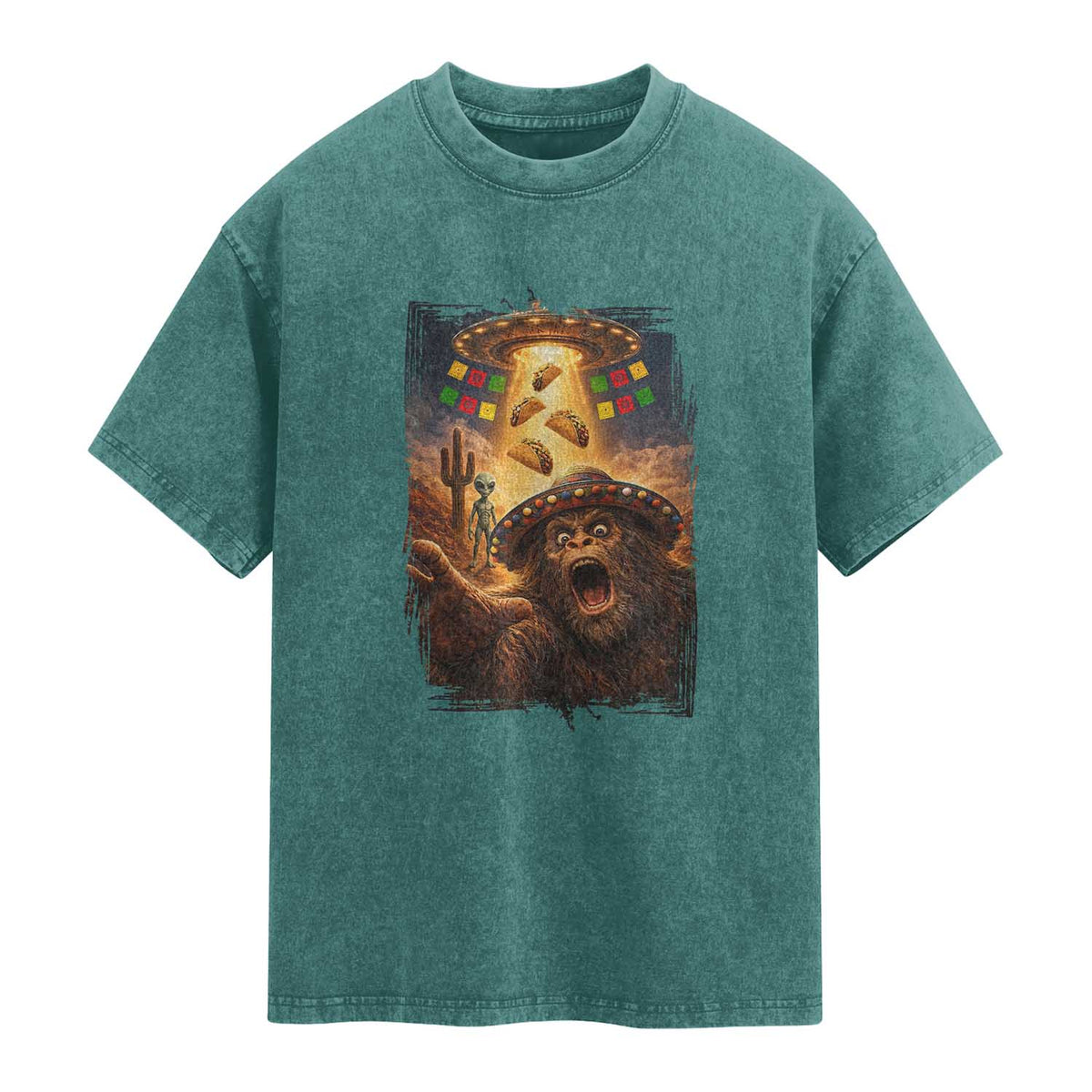 Funny Bigfoot Alien Selfie Washed Cotton T-Shirt Cinco De Mayo Party Gift