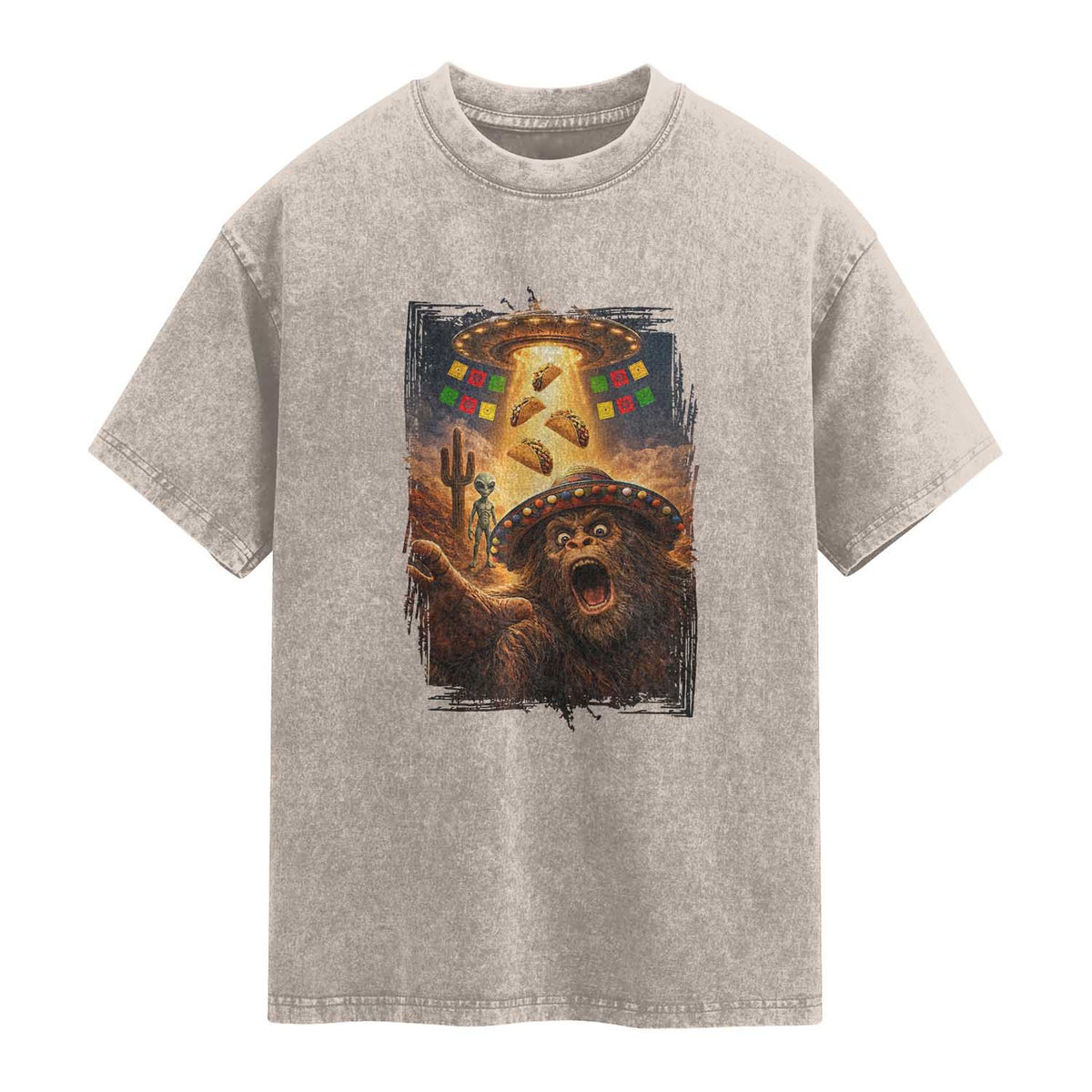 Funny Bigfoot Alien Selfie Washed Cotton T-Shirt Cinco De Mayo Party Gift