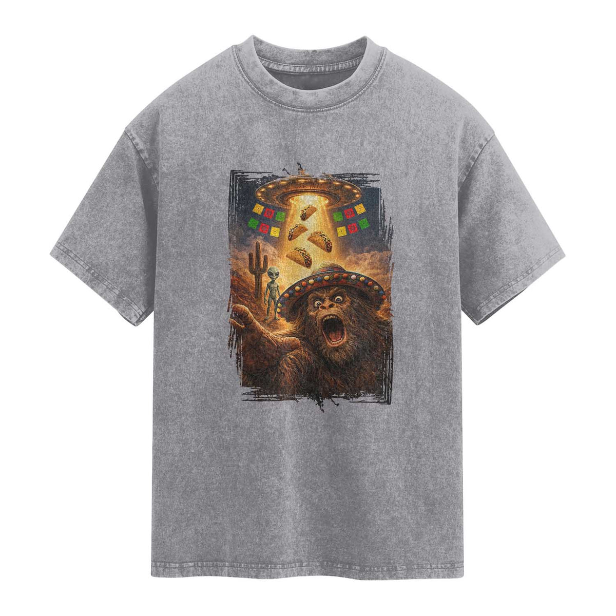 Funny Bigfoot Alien Selfie Washed Cotton T-Shirt Cinco De Mayo Party Gift