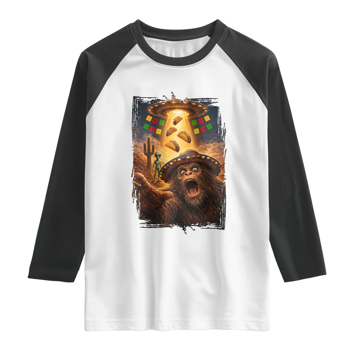 Funny Bigfoot Alien Selfie Raglan Shirt Cinco De Mayo Party Gift TS12 White Black Print Your Wear