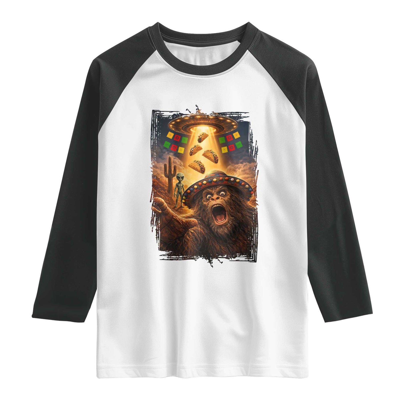 Funny Bigfoot Alien Selfie Raglan Shirt Cinco De Mayo Party Gift TS12 White Black Print Your Wear
