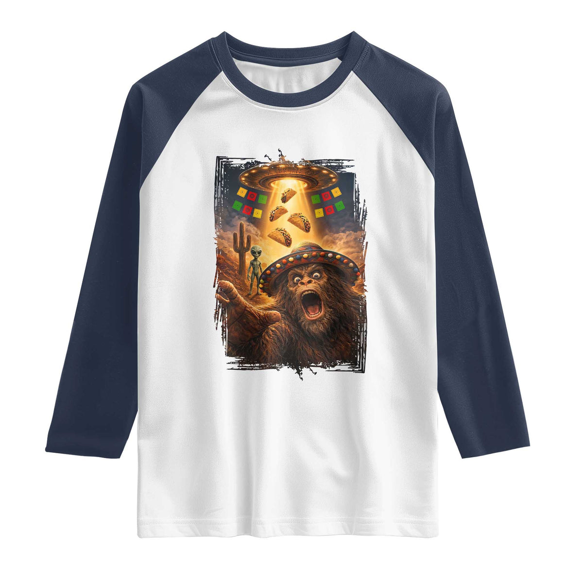Funny Bigfoot Alien Selfie Raglan Shirt Cinco De Mayo Party Gift TS12 White Navy Print Your Wear