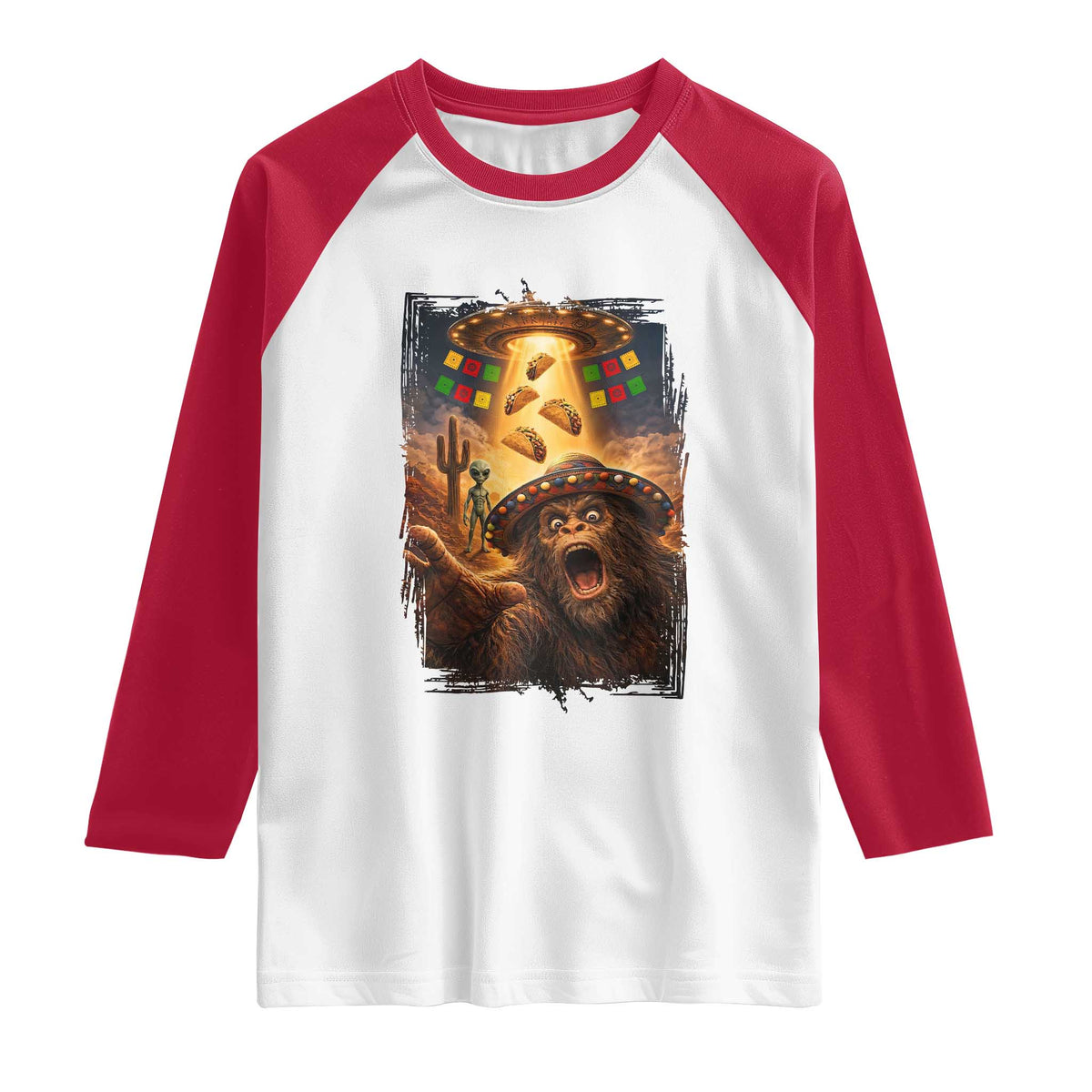 Funny Bigfoot Alien Selfie Raglan Shirt Cinco De Mayo Party Gift TS12 White Red Print Your Wear
