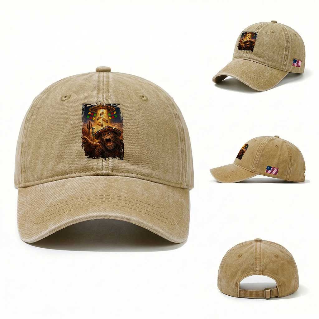 Funny Bigfoot Alien Selfie Washed Cotton Baseball Cap Cinco De Mayo Party Gift TS12 Washed Cap Universal Fit Khaki Print Your Wear