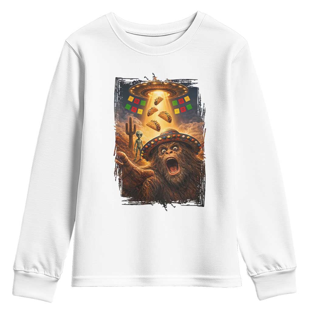 Funny Bigfoot Alien Selfie Youth Sweatshirt Cinco De Mayo Party Gift TS12 White Print Your Wear