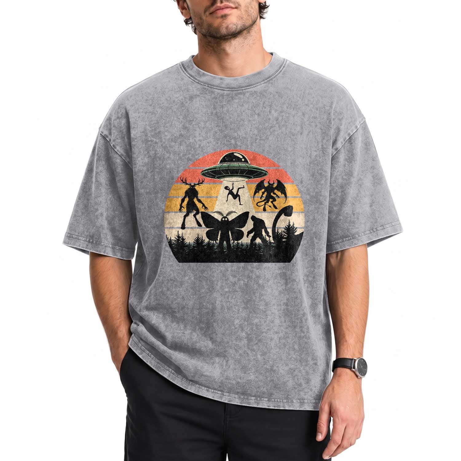 Retro Sunset Cryptid Squad Washed Cotton T-Shirt Cryptid Lover Gift