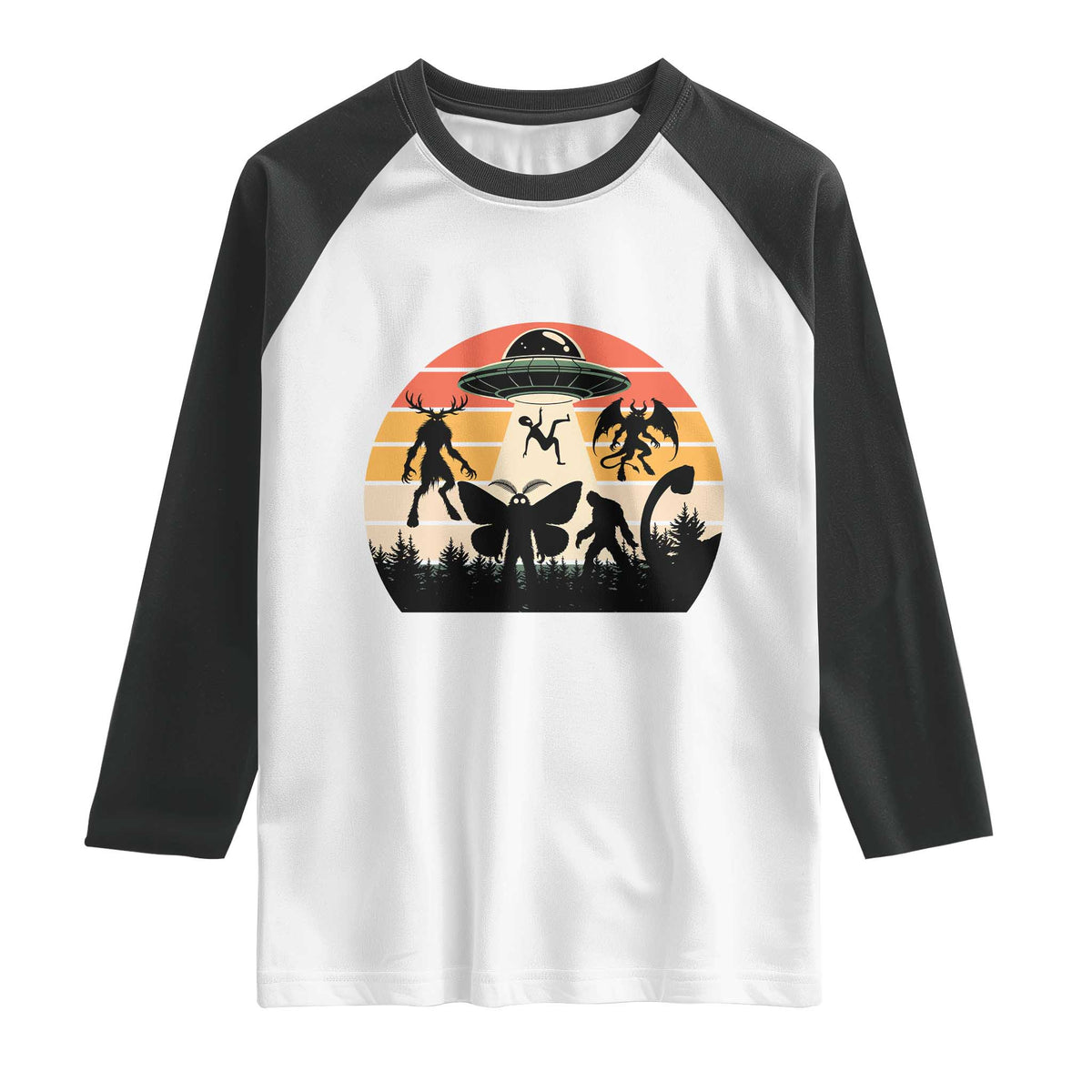 Retro Sunset Cryptid Squad Raglan Shirt Cryptid Lover Gift TS12 White Black Print Your Wear