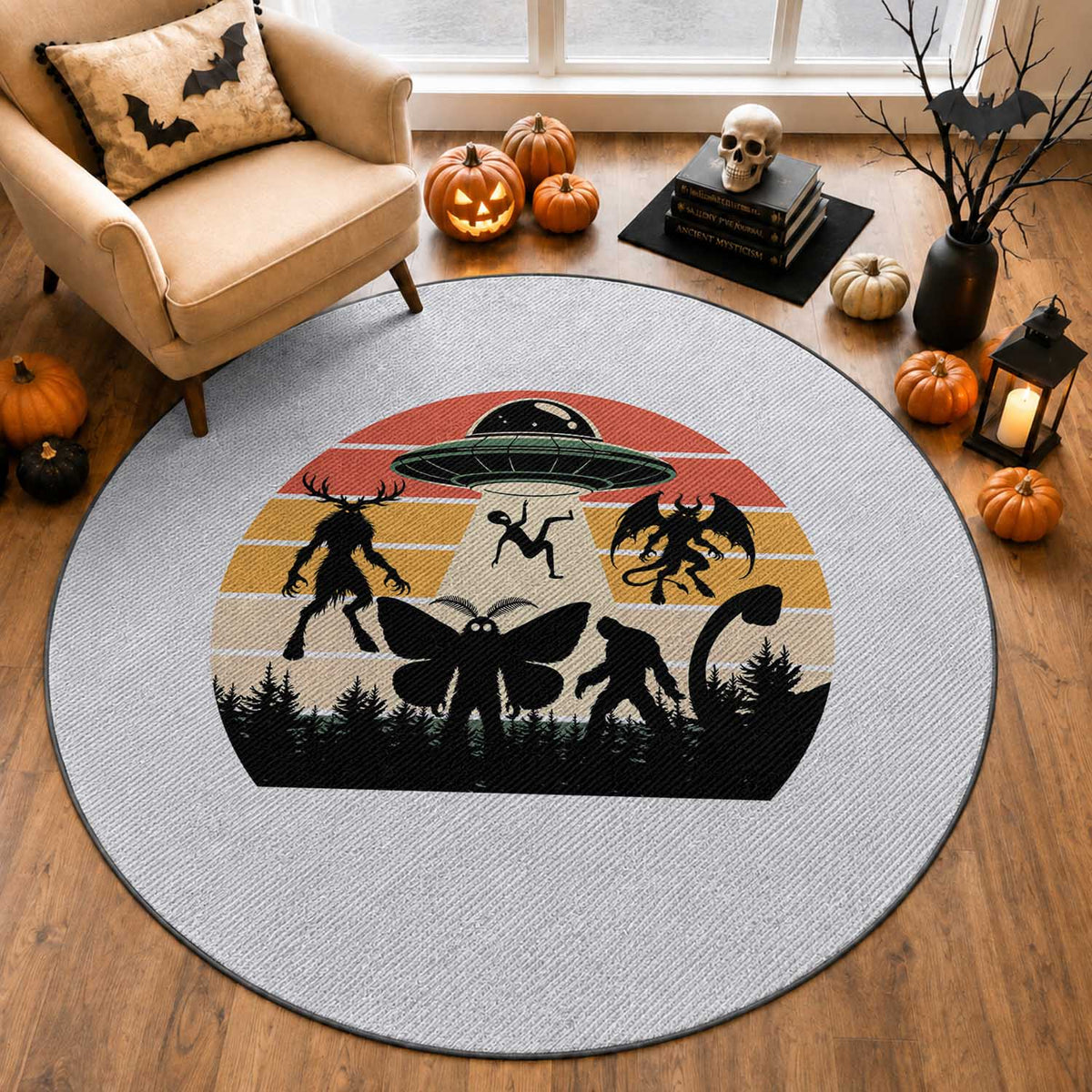 Retro Sunset Cryptid Squad Round Rug Cryptid Lover Gift