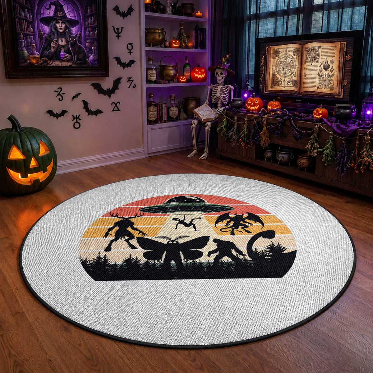 Retro Sunset Cryptid Squad Round Rug Cryptid Lover Gift