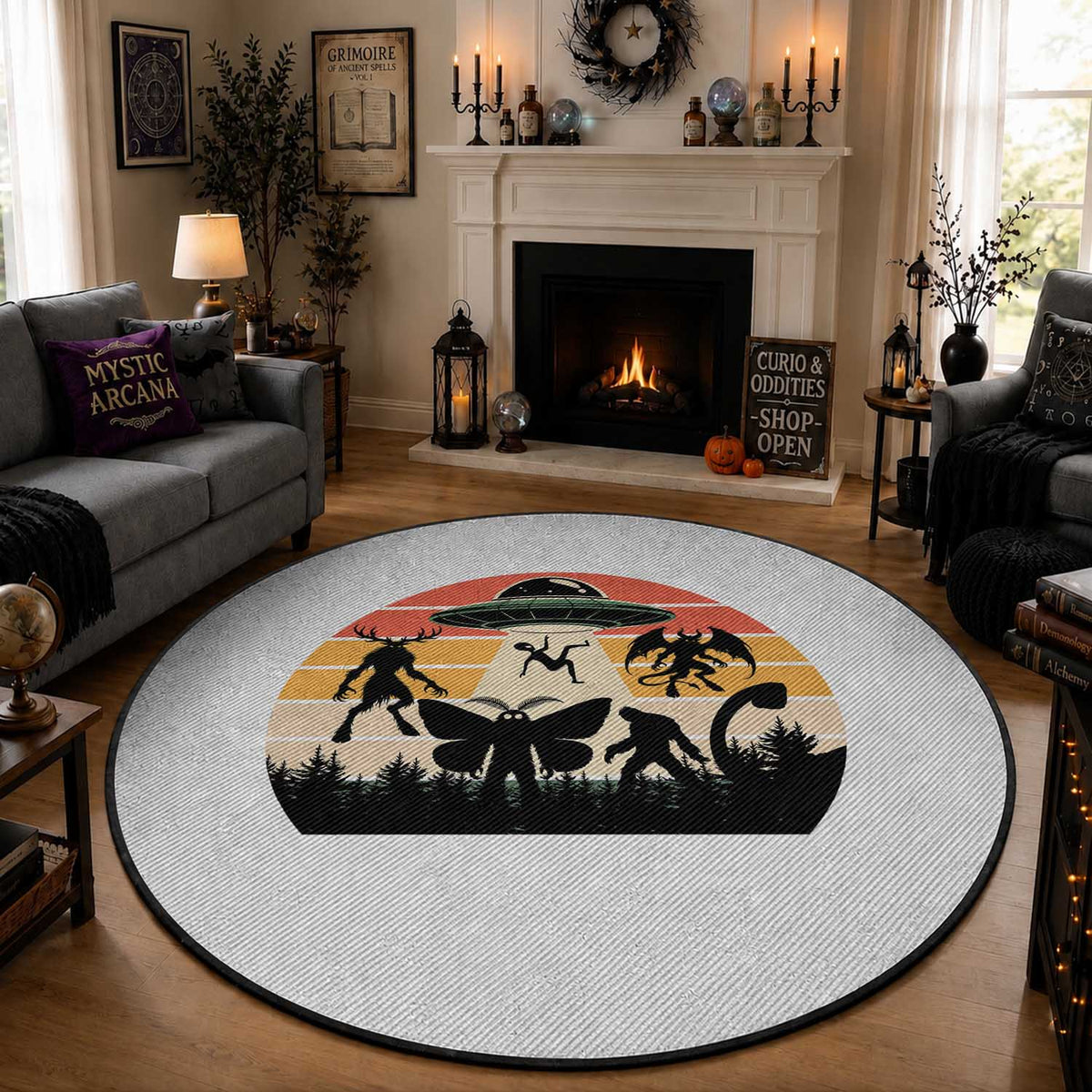 Retro Sunset Cryptid Squad Round Rug Cryptid Lover Gift