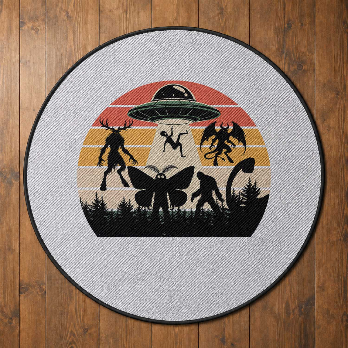 Retro Sunset Cryptid Squad Round Rug Cryptid Lover Gift