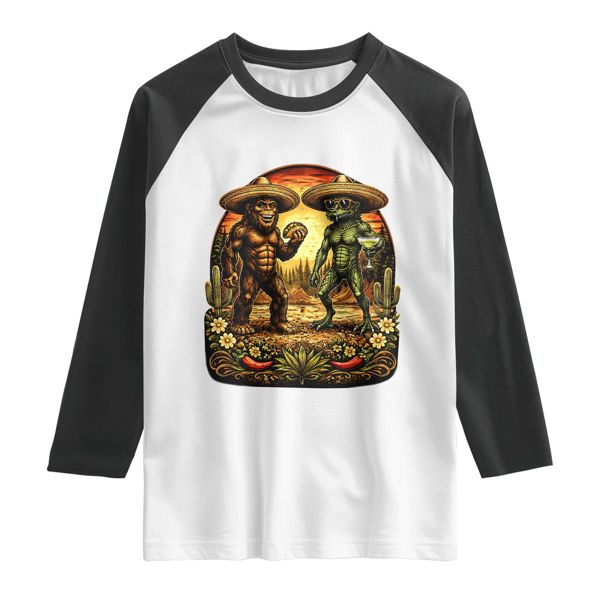 Funny Bigfoot Chupacabra Cinco De Mayo Raglan Shirt Cryptid Lover Gift TS12 White Black Print Your Wear