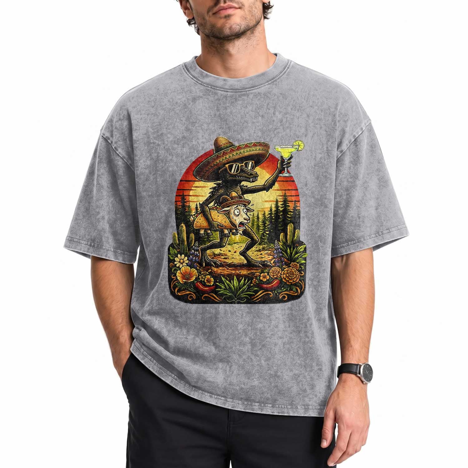 Funny Chupacabra Goat Taco Lover Washed Cotton T-Shirt Cinco De Mayo Party Gift