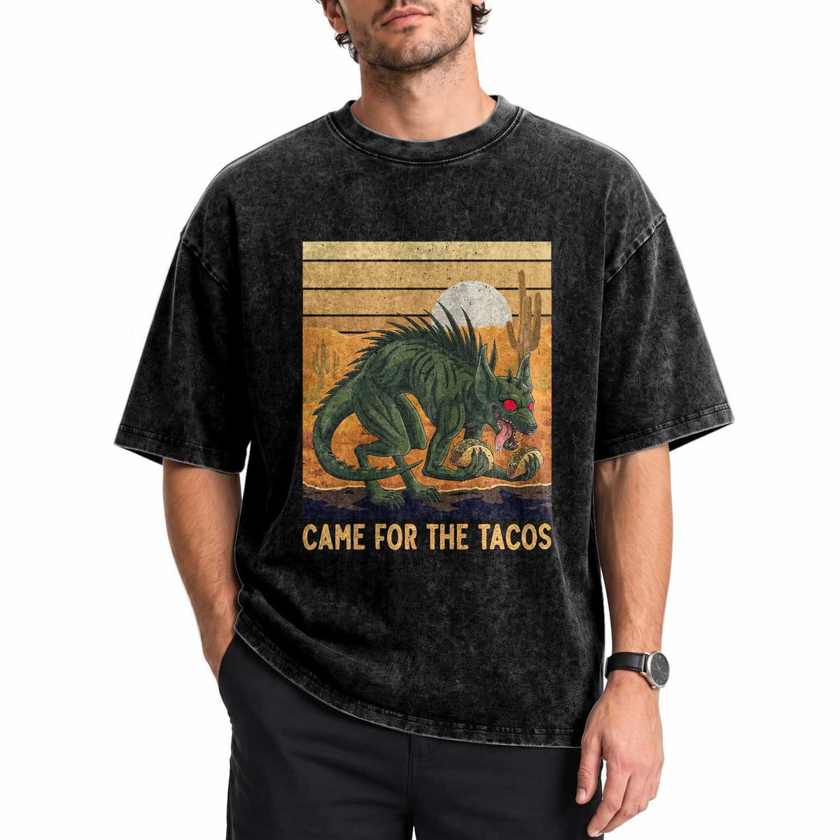 Funny Chupacabra Taco Lover Washed Cotton T-Shirt Came For The Tacos