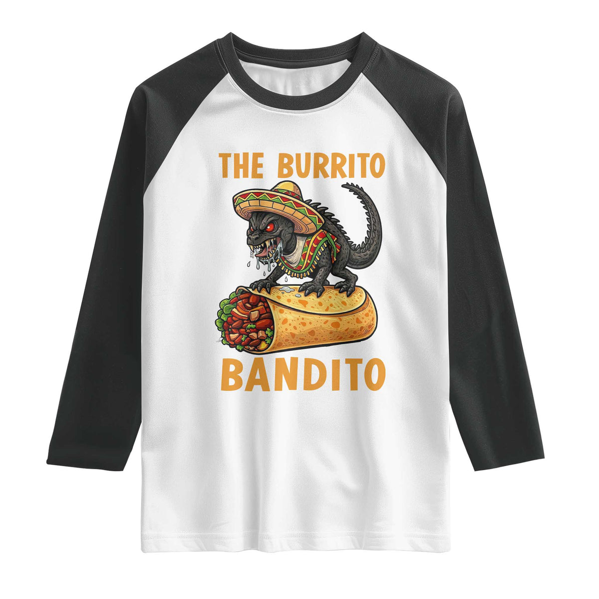 Funny Cinco De Mayo Chupacabra Raglan Shirt The Burrito Bandito TS12 White Black Print Your Wear