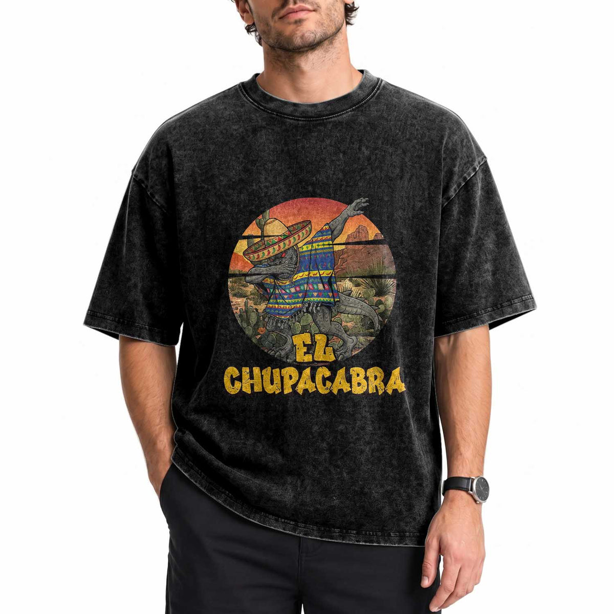 Funny Cinco De Mayo Cryptid Lover Gift Washed Cotton T-Shirt El Squatcho Dabbing
