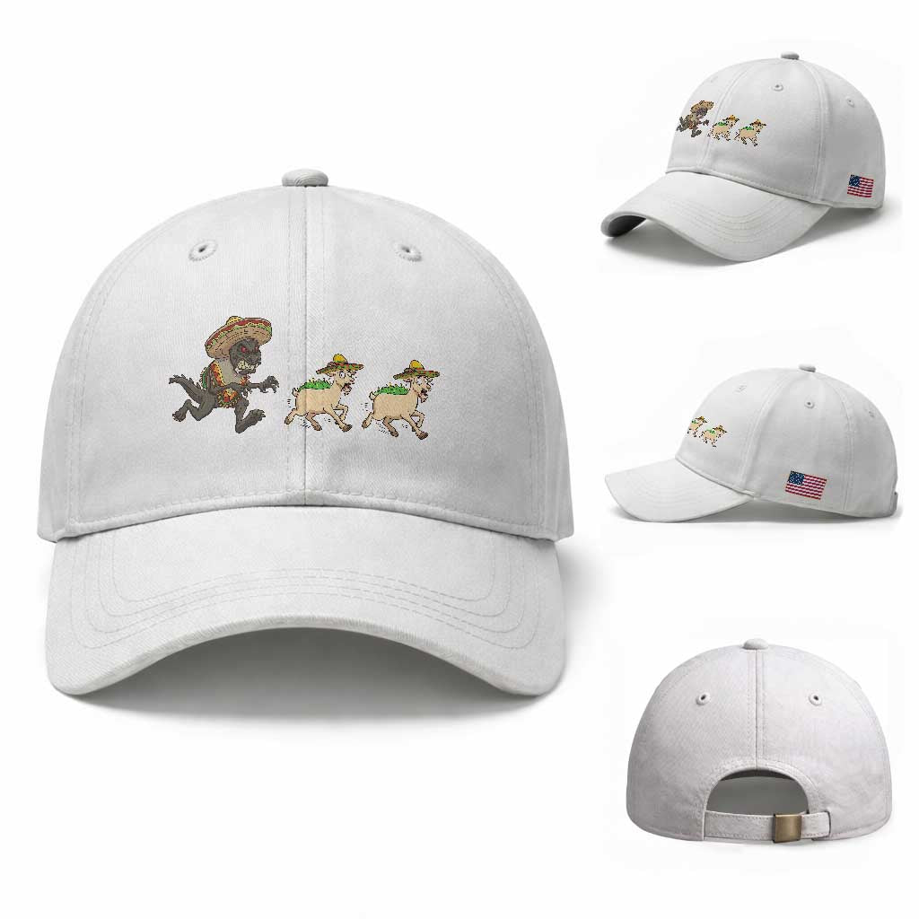 Funny Mexican Fiesta Gift Baseball Cap Chupacabra Chasing Taco Goat TS12 Baseball Cap Universal Fit White Print Your Wear