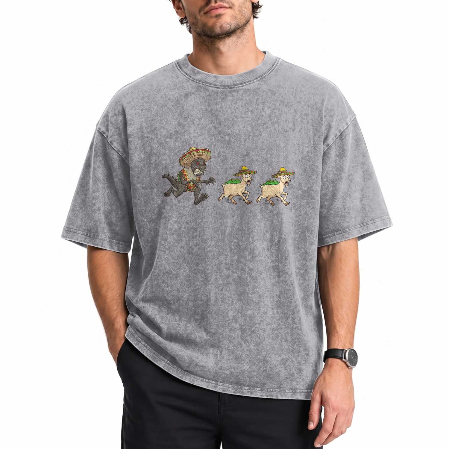 Funny Mexican Fiesta Gift Washed Cotton T-Shirt Chupacabra Chasing Taco Goat