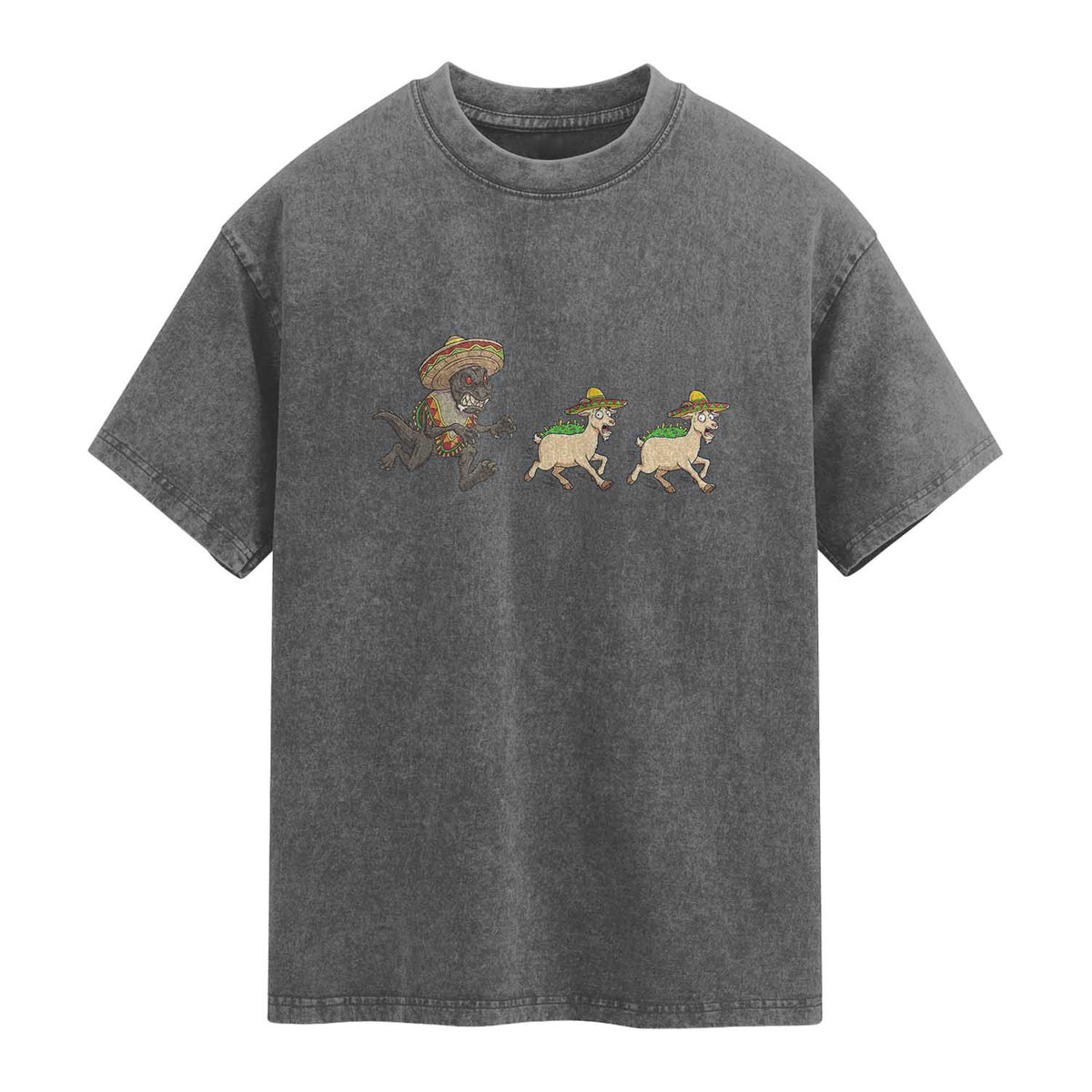 Funny Mexican Fiesta Gift Washed Cotton T-Shirt Chupacabra Chasing Taco Goat
