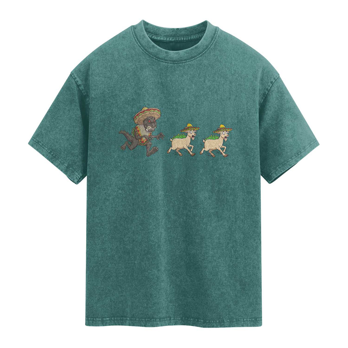 Funny Mexican Fiesta Gift Washed Cotton T-Shirt Chupacabra Chasing Taco Goat