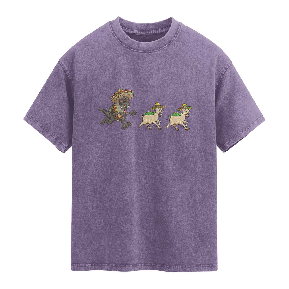 Funny Mexican Fiesta Gift Washed Cotton T-Shirt Chupacabra Chasing Taco Goat