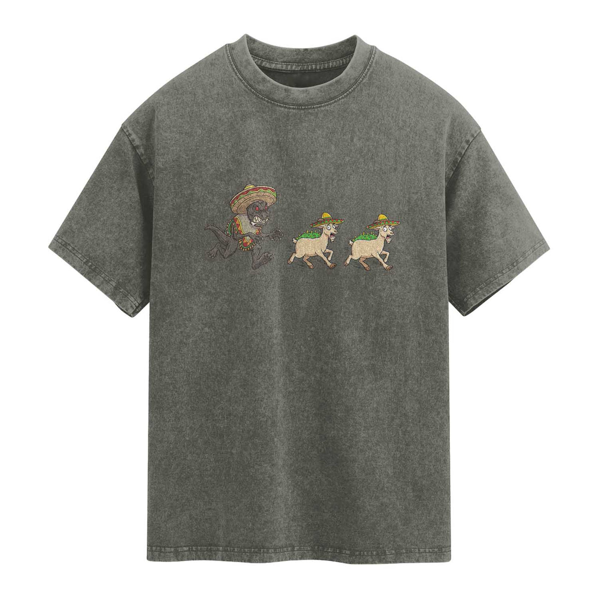 Funny Mexican Fiesta Gift Washed Cotton T-Shirt Chupacabra Chasing Taco Goat