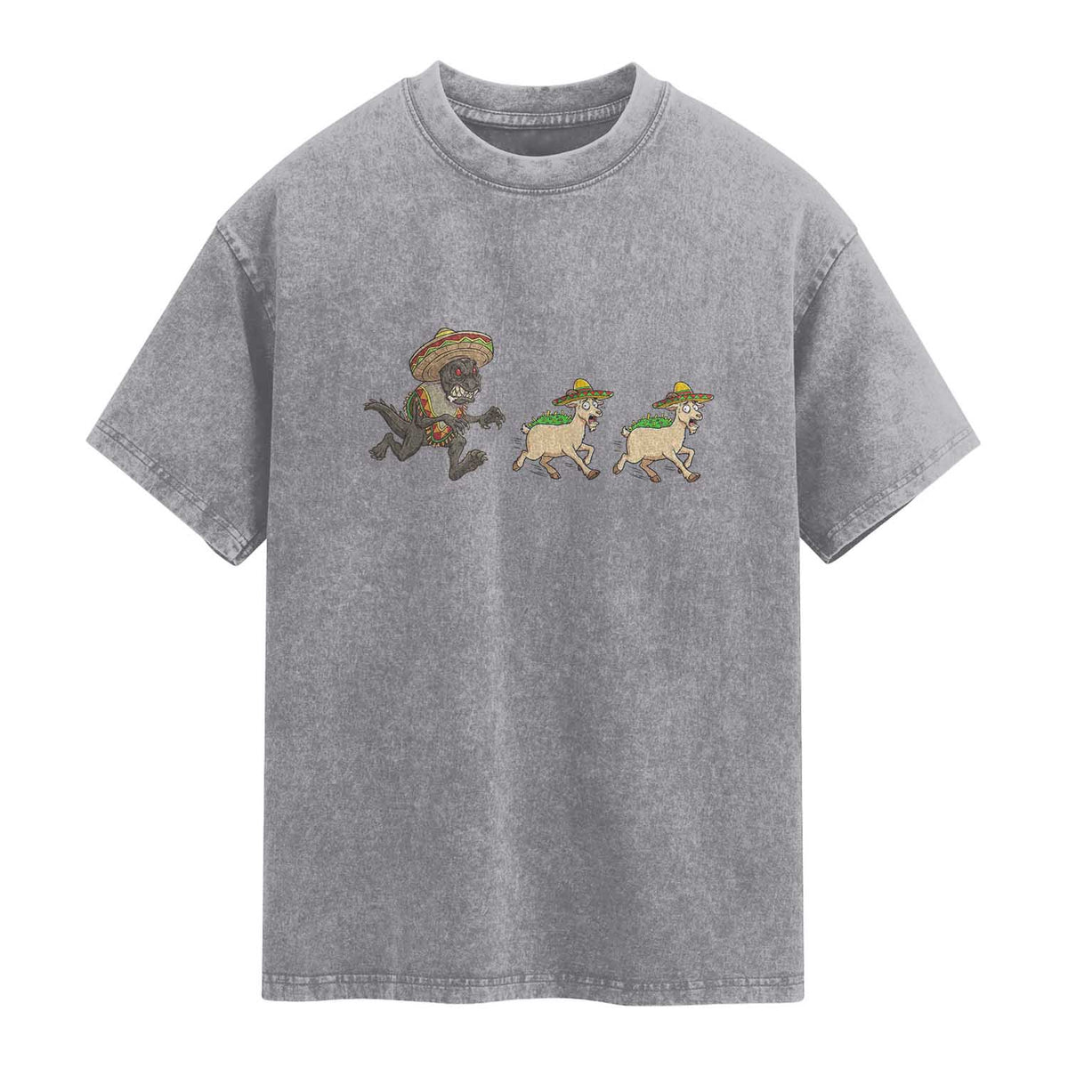 Funny Mexican Fiesta Gift Washed Cotton T-Shirt Chupacabra Chasing Taco Goat