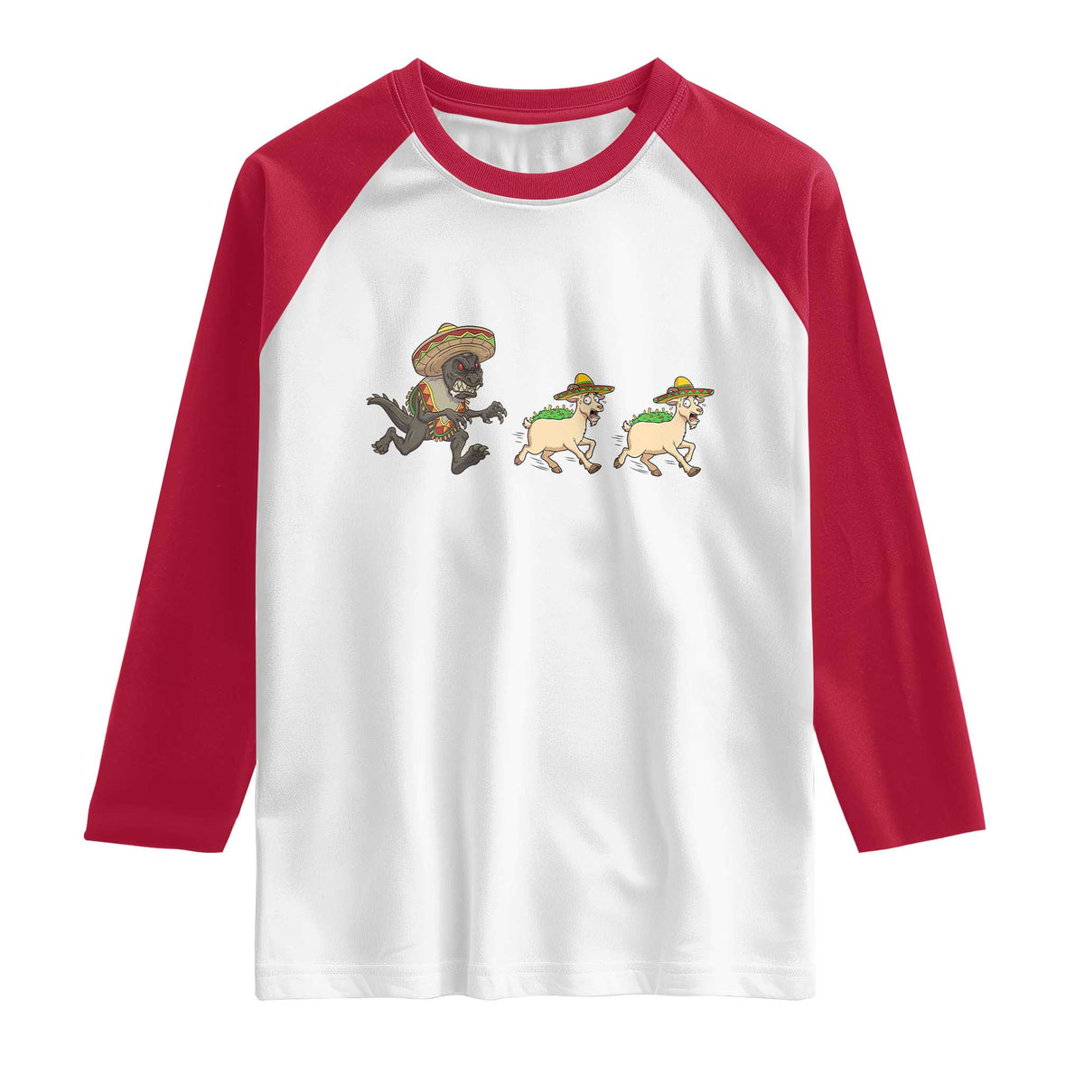 Funny Mexican Fiesta Gift Raglan Shirt Chupacabra Chasing Taco Goat TS12 White Red Print Your Wear