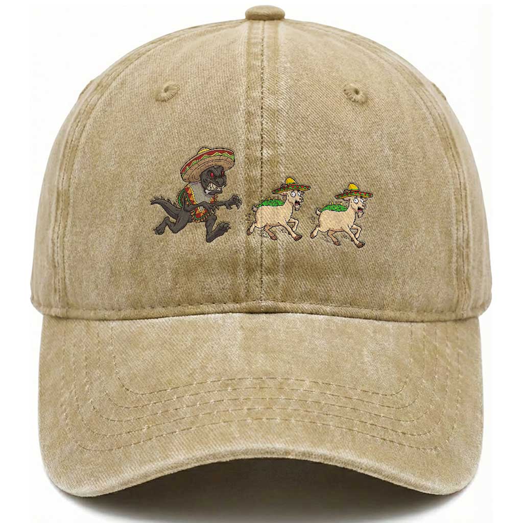 Funny Mexican Fiesta Gift Washed Cotton Baseball Cap Chupacabra Chasing Taco Goat TS12 Print Your Wear