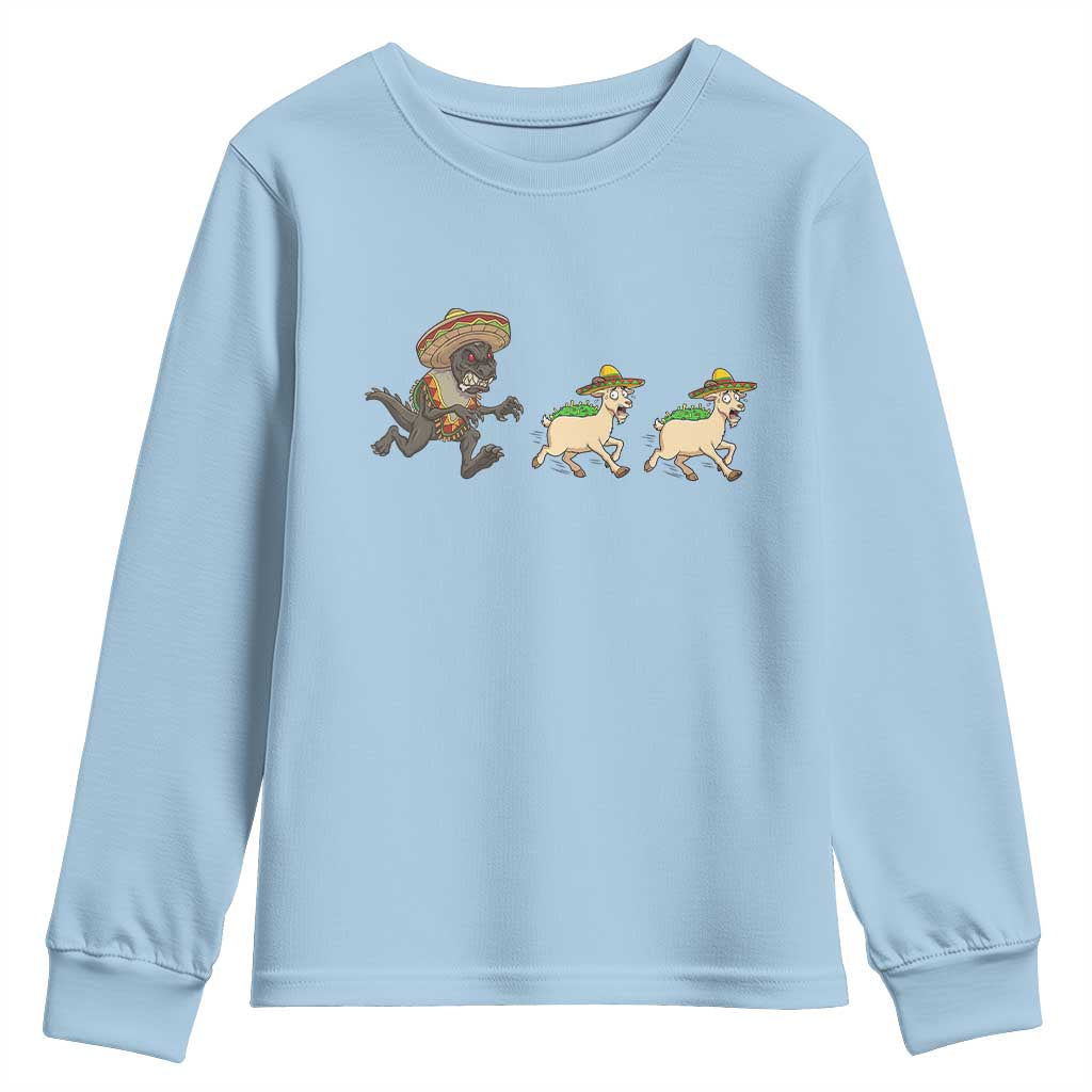 Funny Mexican Fiesta Gift Youth Sweatshirt Chupacabra Chasing Taco Goat TS12 Light Blue Print Your Wear