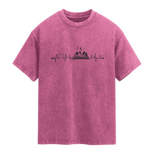 Bookaholic Heartbeat Graphic Washed Cotton T-Shirt Vintage Reader Lifeline Gift
