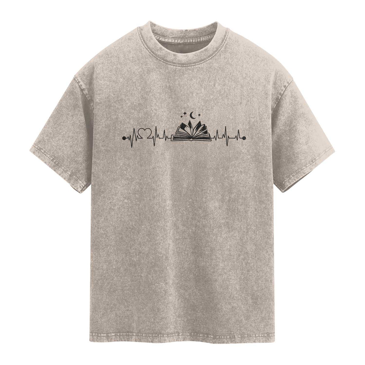 Bookaholic Heartbeat Graphic Washed Cotton T-Shirt Vintage Reader Lifeline Gift