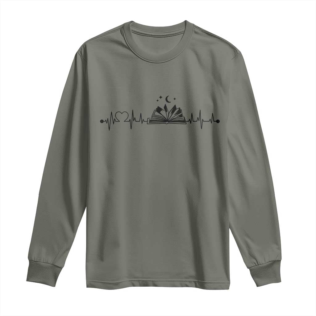 Bookaholic Heartbeat Graphic Long Sleeve Shirt Vintage Reader Lifeline Gift TS12 Military Green Print Your Wear