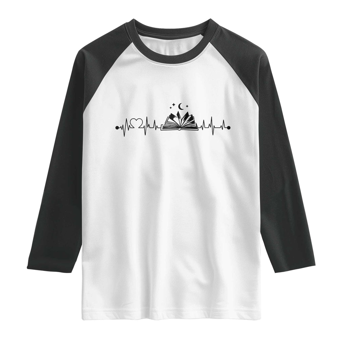 Bookaholic Heartbeat Graphic Raglan Shirt Vintage Reader Lifeline Gift TS12 White Black Print Your Wear