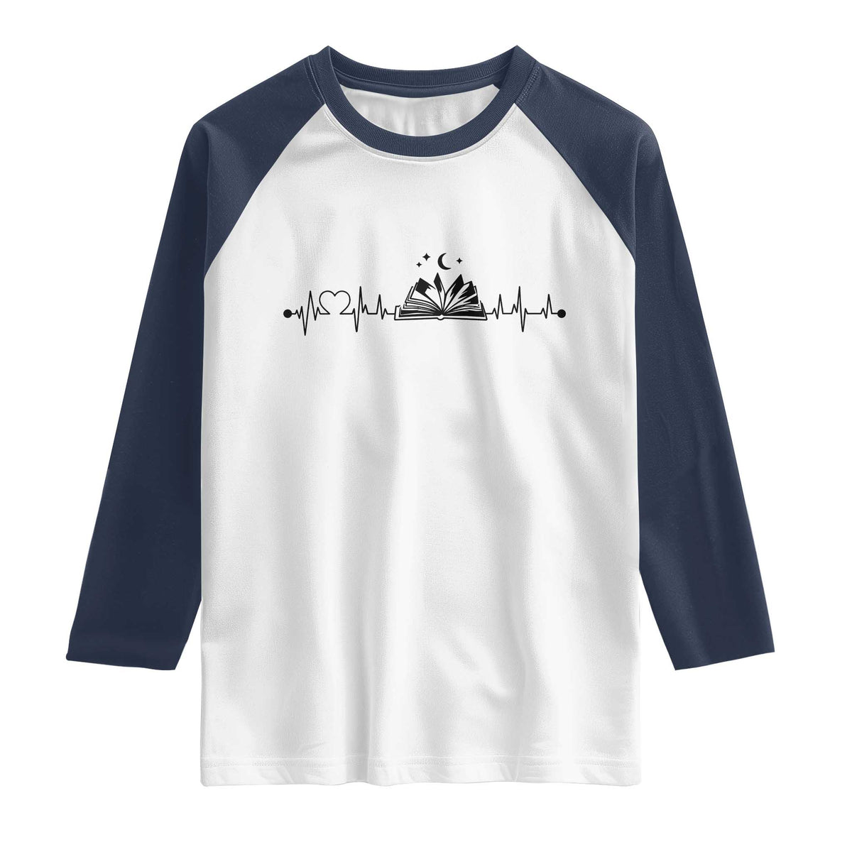 Bookaholic Heartbeat Graphic Raglan Shirt Vintage Reader Lifeline Gift TS12 White Navy Print Your Wear