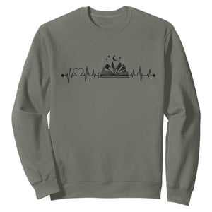 Bookaholic Heartbeat Graphic Sweatshirt Vintage Reader Lifeline Gift TS12 Military Green Print Your Wear