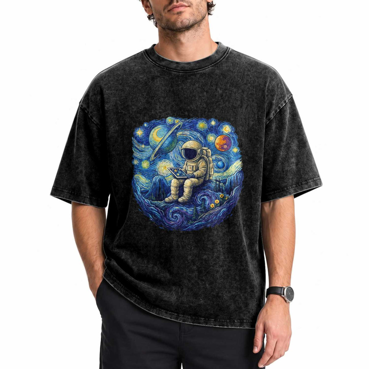 Starry Night Space Bookworm Washed Cotton T-Shirt Funny Astronaut Reader Gift
