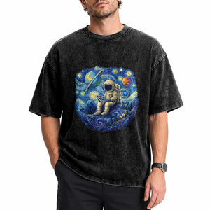 Starry Night Space Bookworm Washed Cotton T-Shirt Funny Astronaut Reader Gift