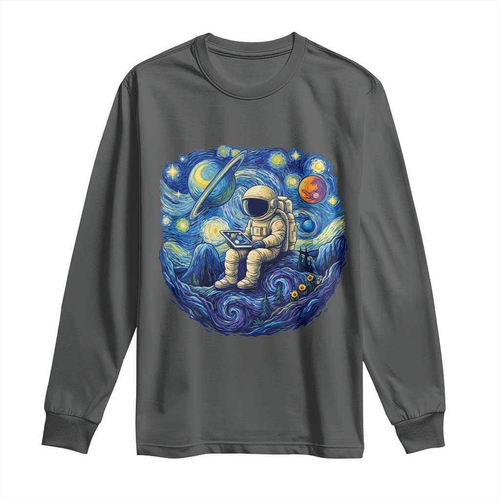 Starry Night Space Bookworm Long Sleeve Shirt Funny Astronaut Reader Gift TS12 Dark Heather Print Your Wear