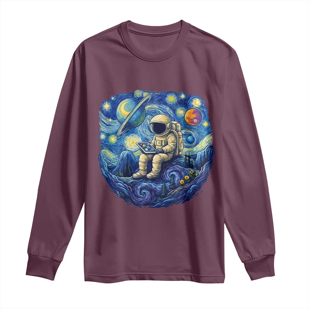 Starry Night Space Bookworm Long Sleeve Shirt Funny Astronaut Reader Gift TS12 Maroon Print Your Wear