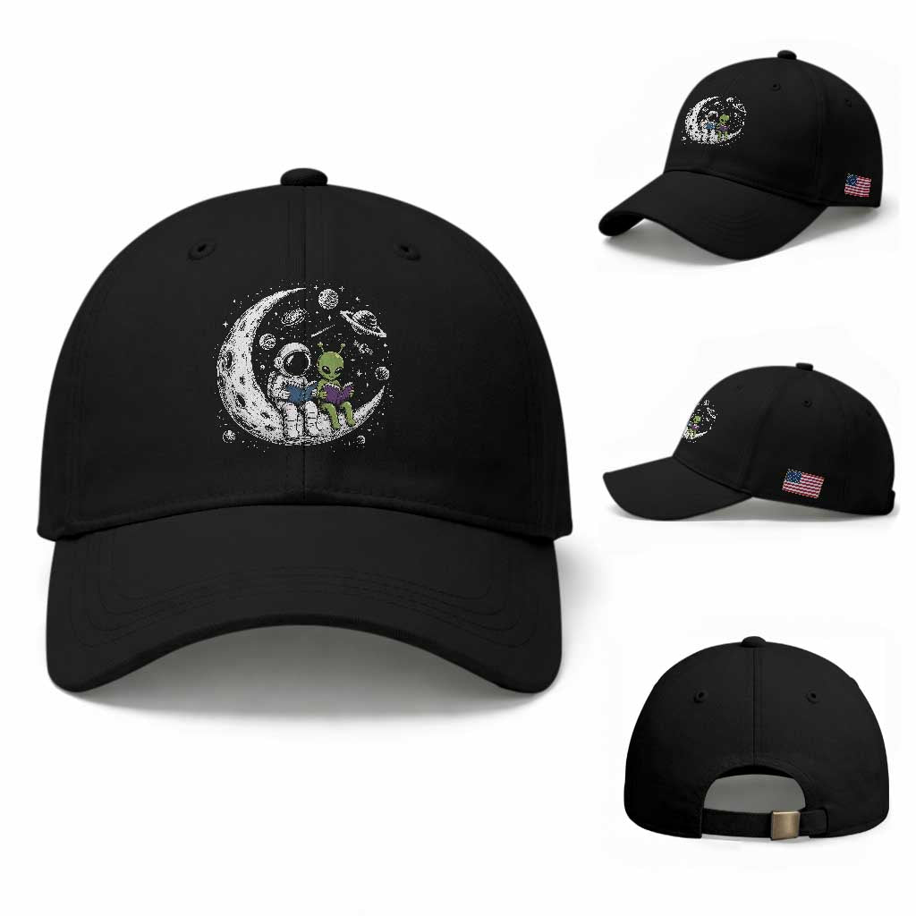 Funny Bookworm In Space Baseball Cap Cute Astronaut And Alien Reading TS12 Baseball Cap Universal Fit Black Print Your Wear