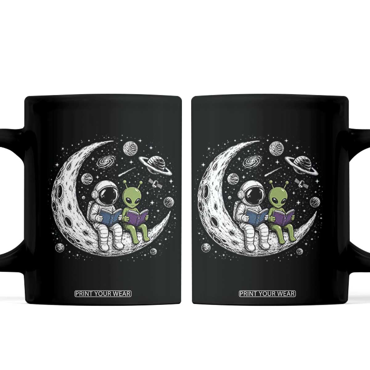 Funny Bookworm In Space Coffee Mug Cute Astronaut And Alien Reading TS12 Black Print Your Wear