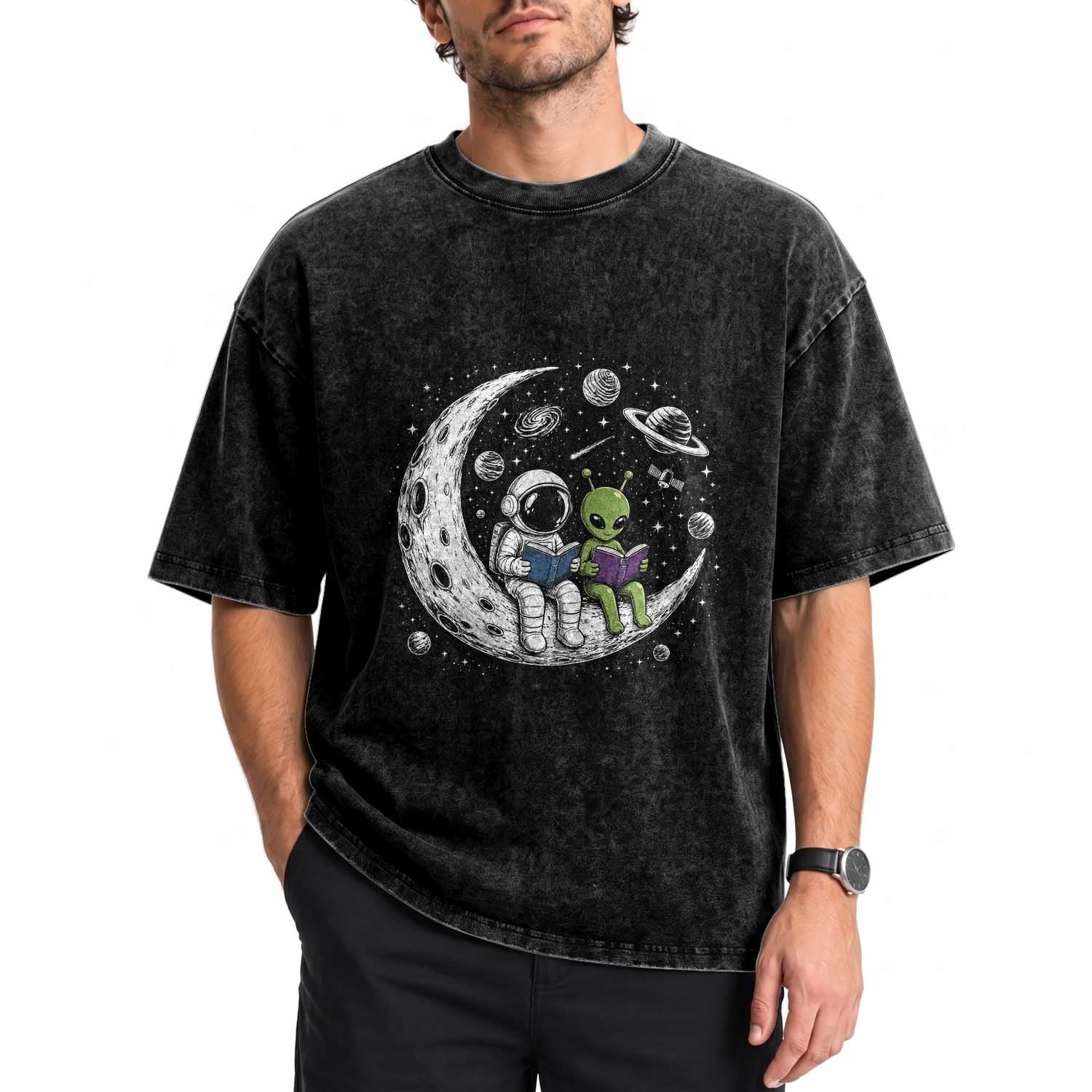 Funny Bookworm In Space Washed Cotton T-Shirt Cute Astronaut And Alien Reading