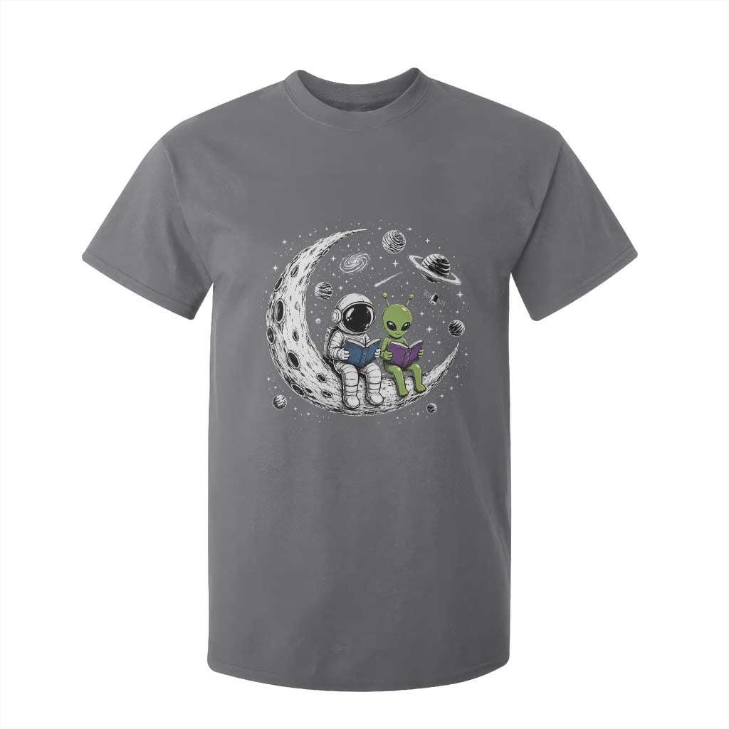 Funny Bookworm In Space T Shirt For Kid Cute Astronaut And Alien Reading TS12 Charcoal Print Your Wear